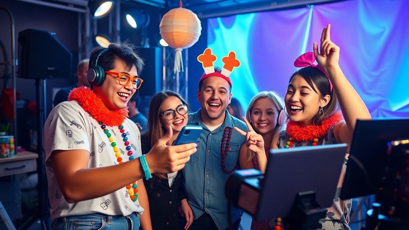 A TikTok creator filming vibrant content in a lively setup.