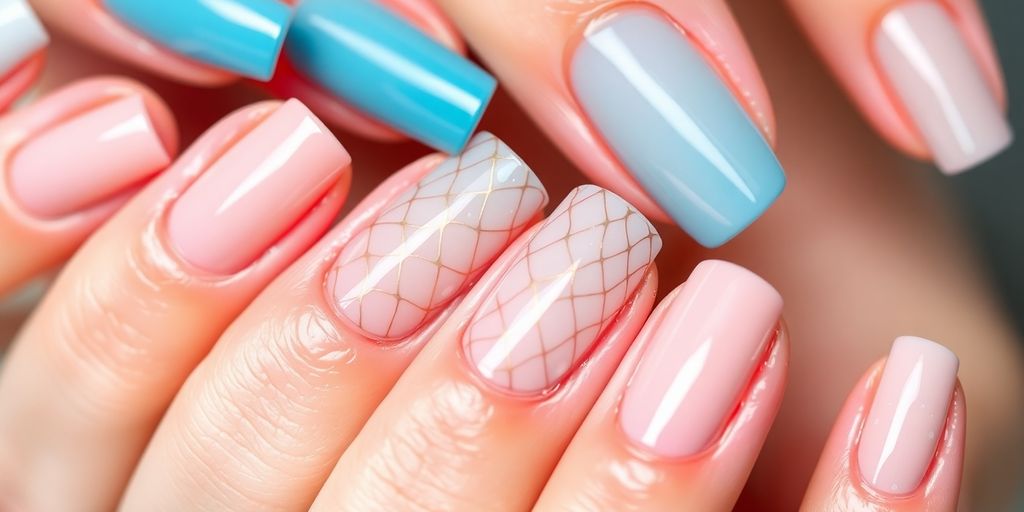 Unhas em gel coloridas e bem decoradas.