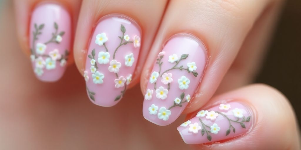 Foto de unhas decoradas com florzinhas delicadas.