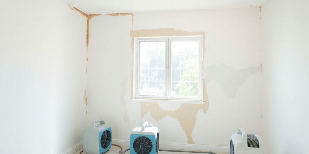 Room restoration after flood damage with cleaning equipment.