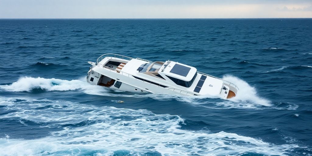 Capsized yacht amidst turbulent, dark ocean waves