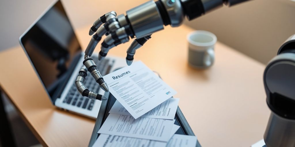 Robotic arm sorting resumes onto a conveyor belt.