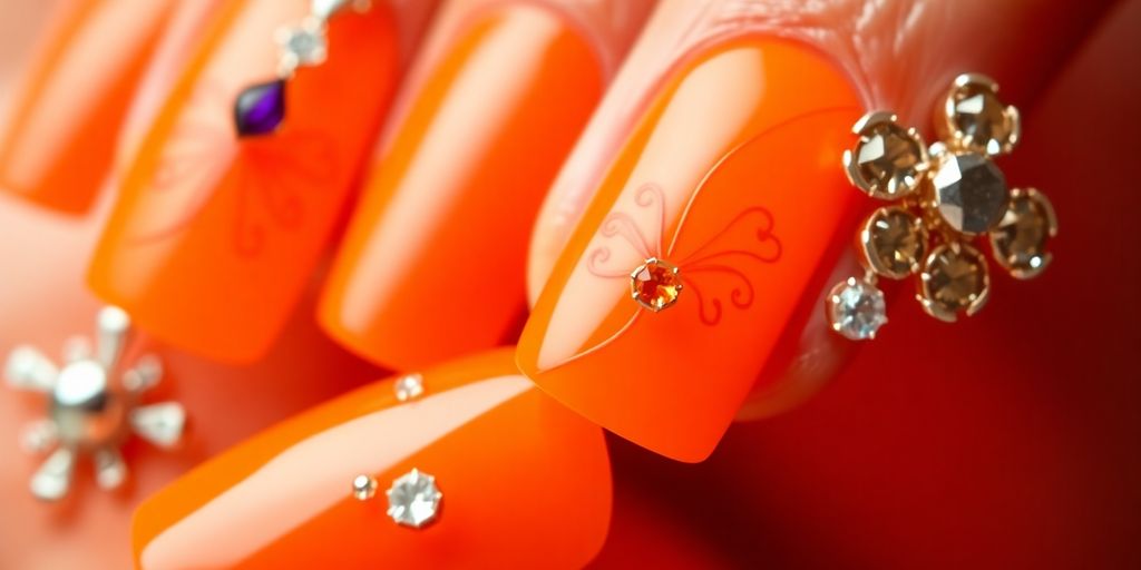 Unhas decoradas laranja radiante com acessórios criativos.