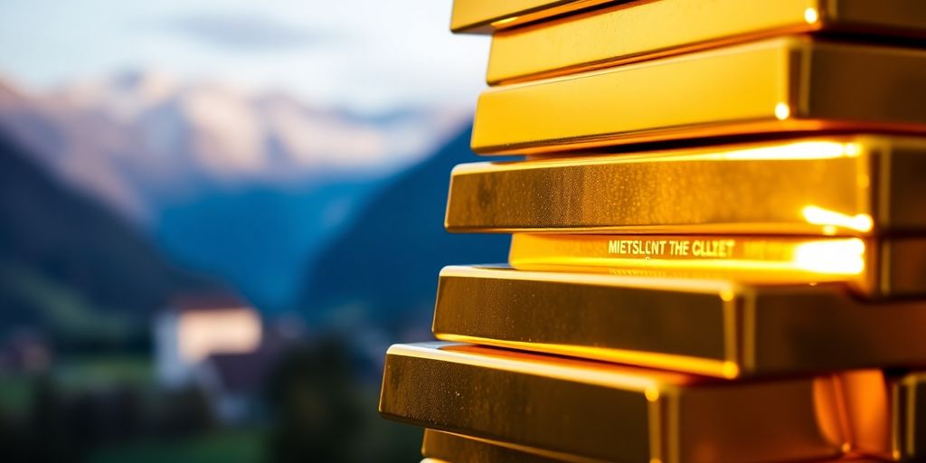 Barres d'or empilées sur un fond suisse.
