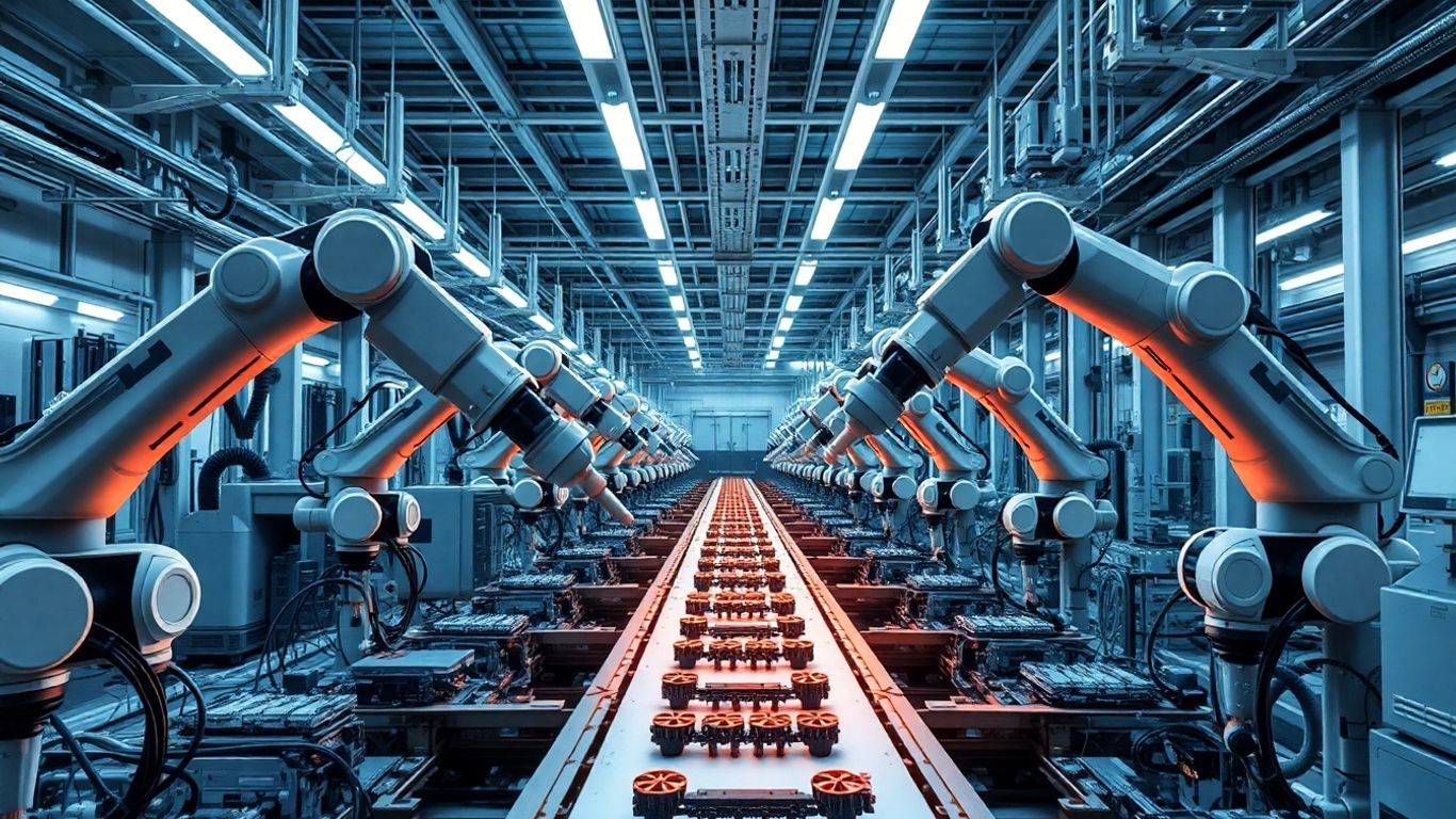 Robotic arms in a modern factory assembling products.