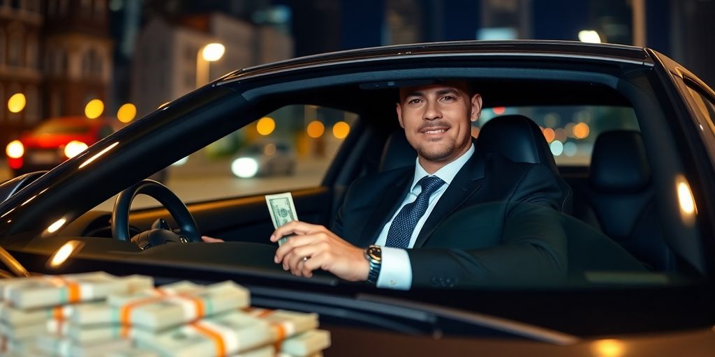 Man in luxury car, money, city lights.