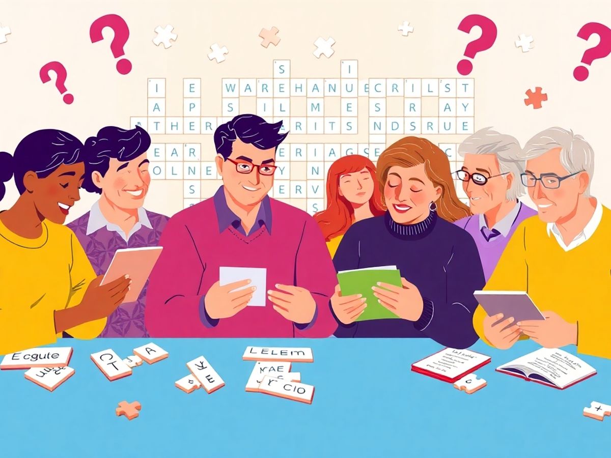 Adults solving language puzzles and crosswords together.
