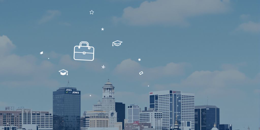 Jenks skyline with a subtle overlay of professional icons.