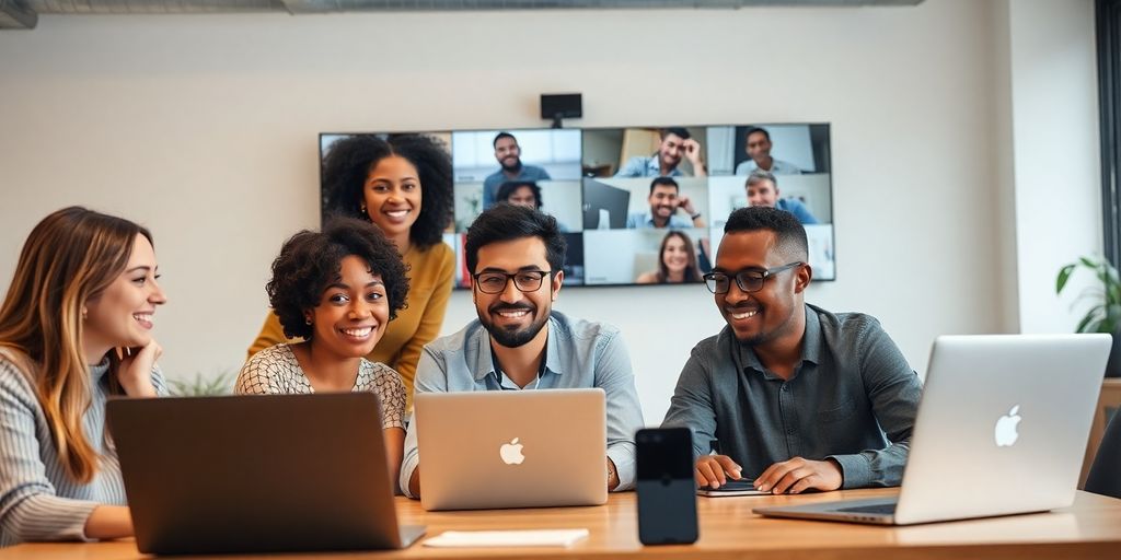 Diverse team on a video call in a bright office.