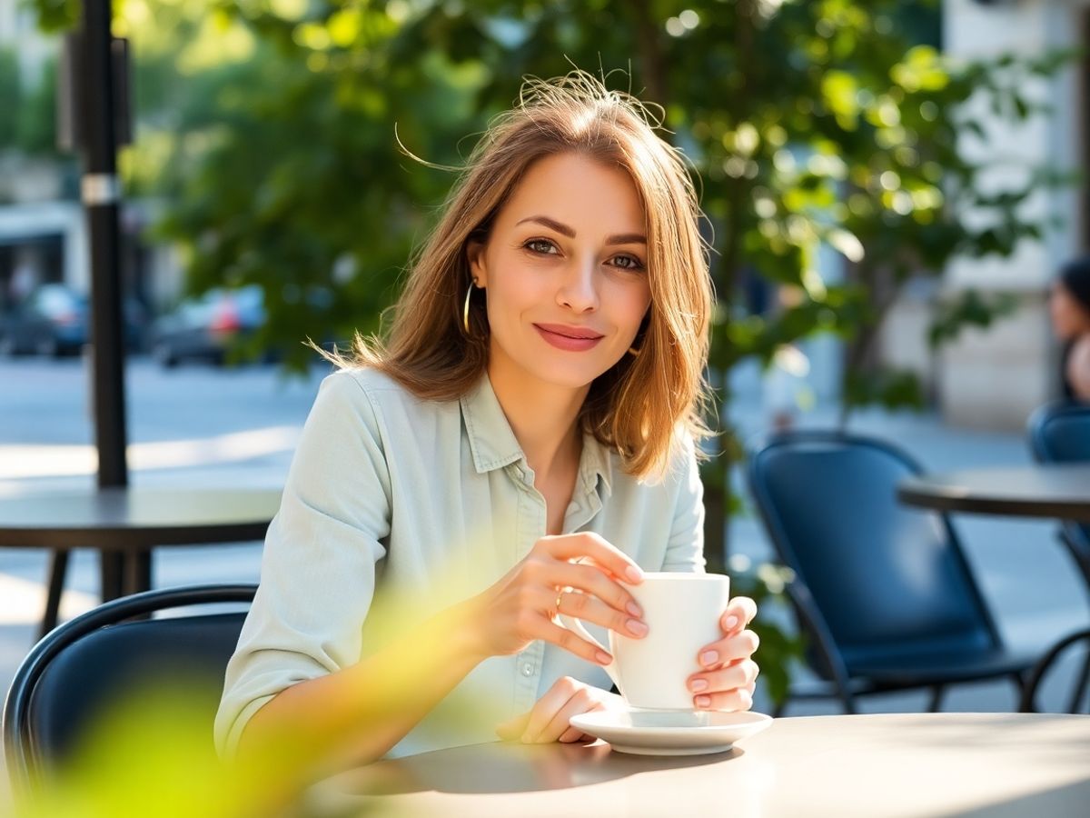 Femeie relaxată savurând o cafea afară.
