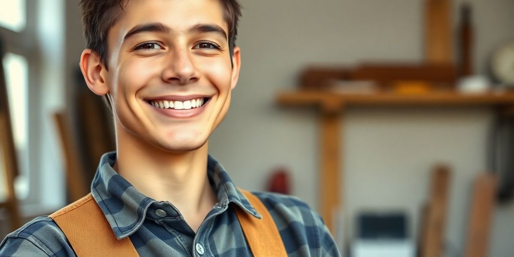 Young handyman with tools smiling.