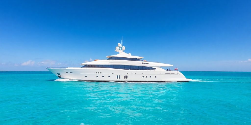 Luxury motor yacht Valor cruising turquoise waters.