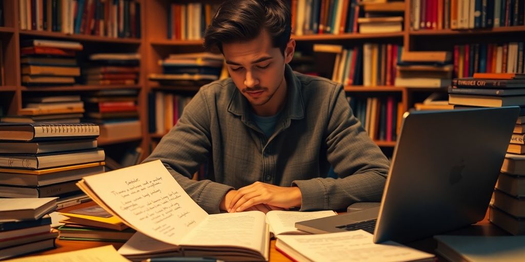 Student studying with books and notes for dissertation topic.