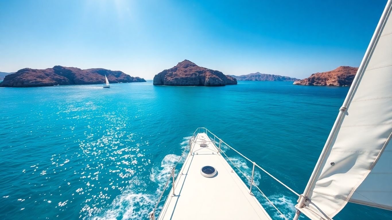 Sailboat on turquoise water near rocky Greek islands