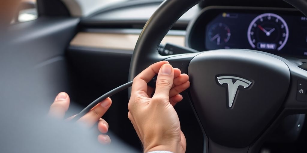 Tesla Model 3 turn signal stalk being installed.