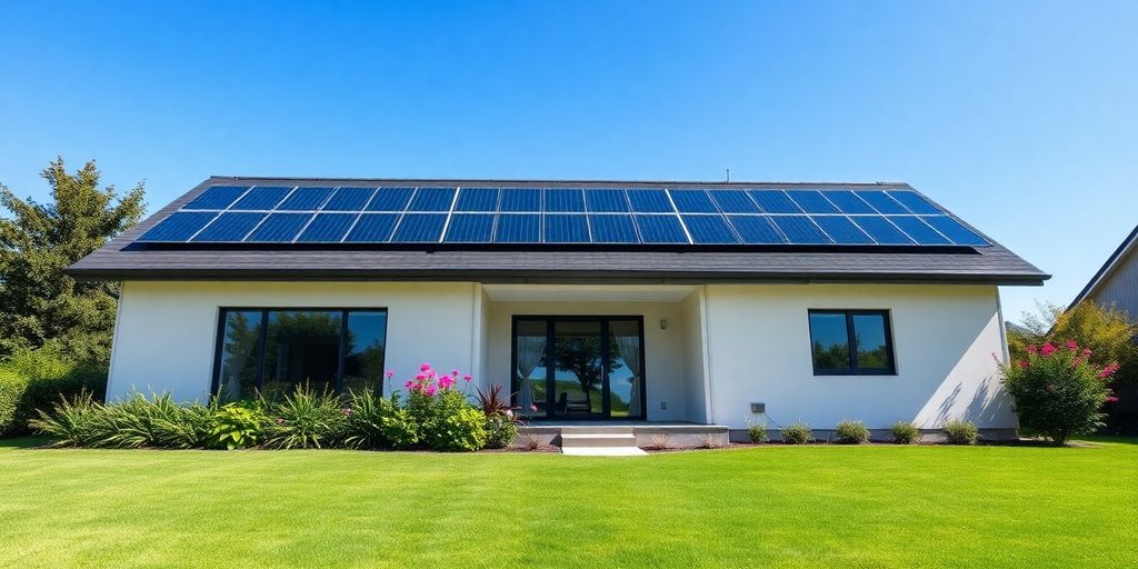 Maison, panneaux solaires, jardin verdoyant, ciel bleu. prix panneau solaire pour maison 100m2