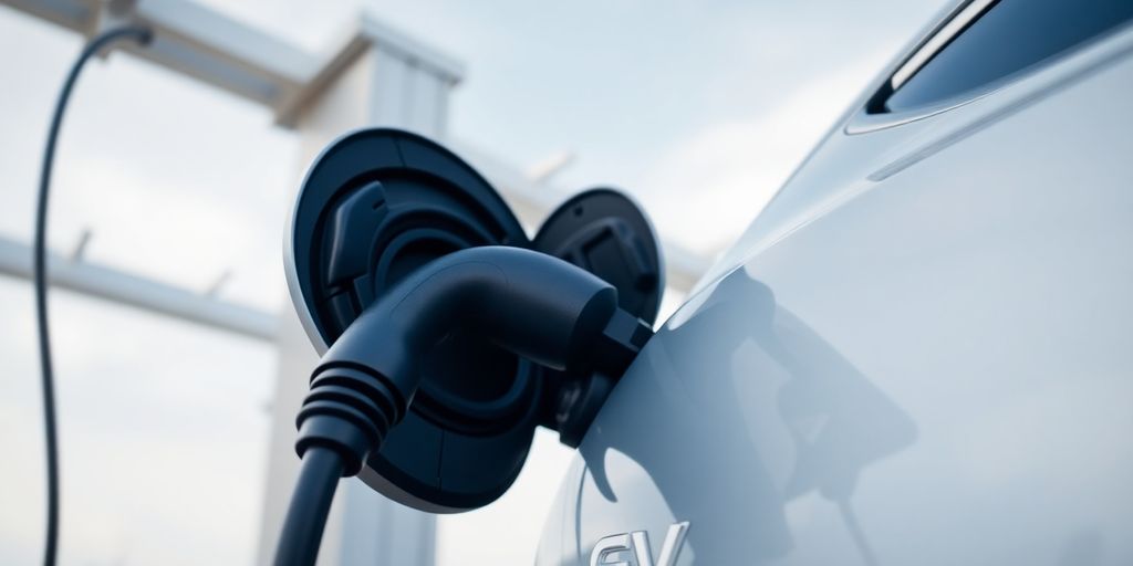 Electric vehicle charging at a modern charging station.