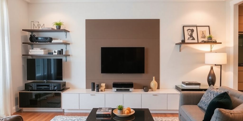 Stylish media wall with electronics and decorative items.