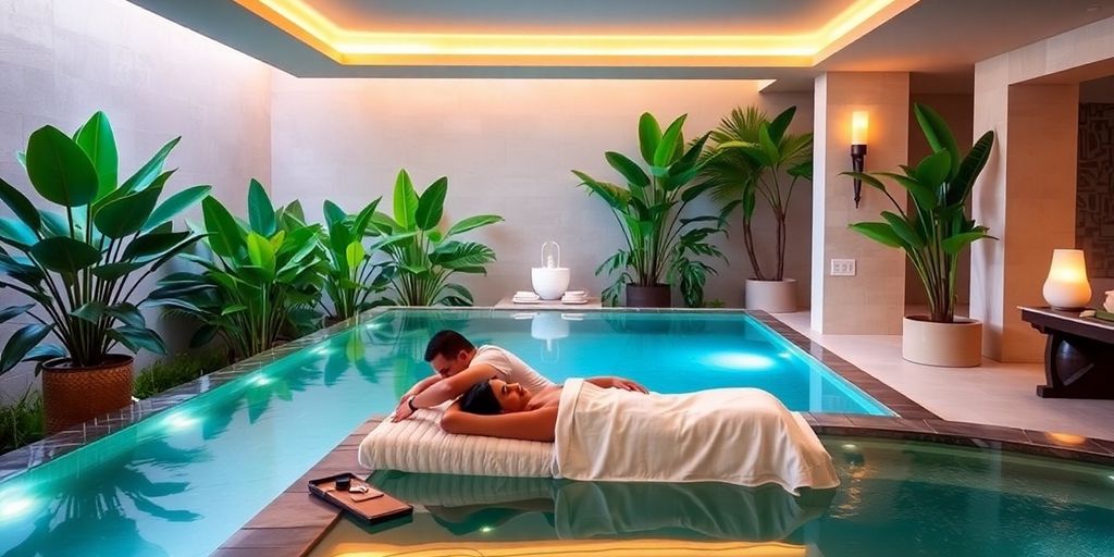 Couple relaxing at a luxurious Cabo spa with tropical plants.