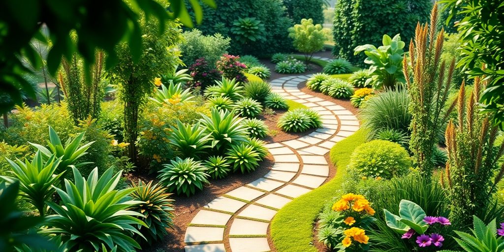 Gartenplaner-Software-Oberfläche mit Pflanzen und Wegen