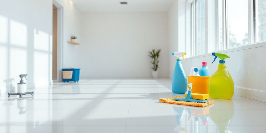 غرفة نظيفة بأدوات تنظيف احترافية وإضاءة طبيعية