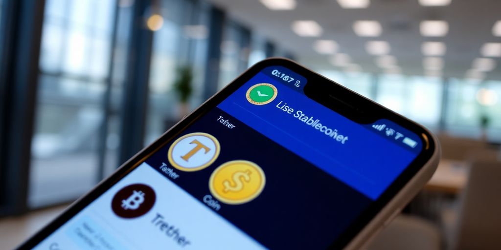 Digital wallet showing stablecoins in a modern office.