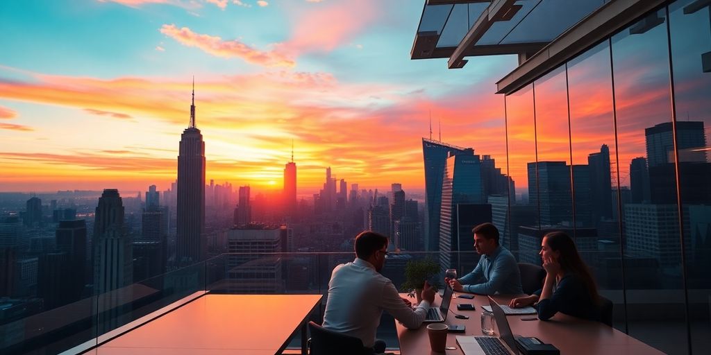 New York City skyline with tech professionals collaborating.