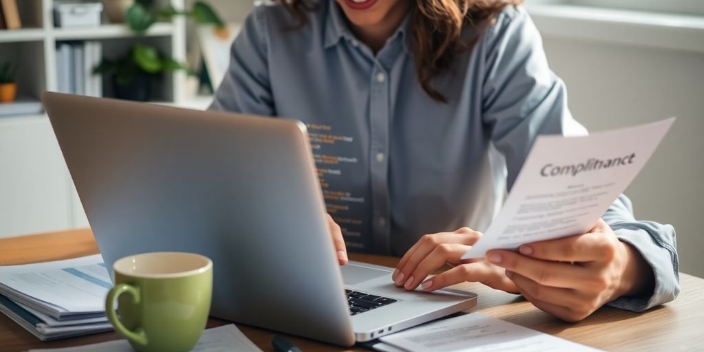 Small business owner working on website compliance review.