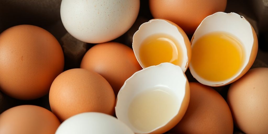 Eggs in cartons, some cracked open