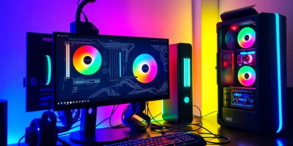 PC da gaming di alta qualità con illuminazione RGB e monitor.
