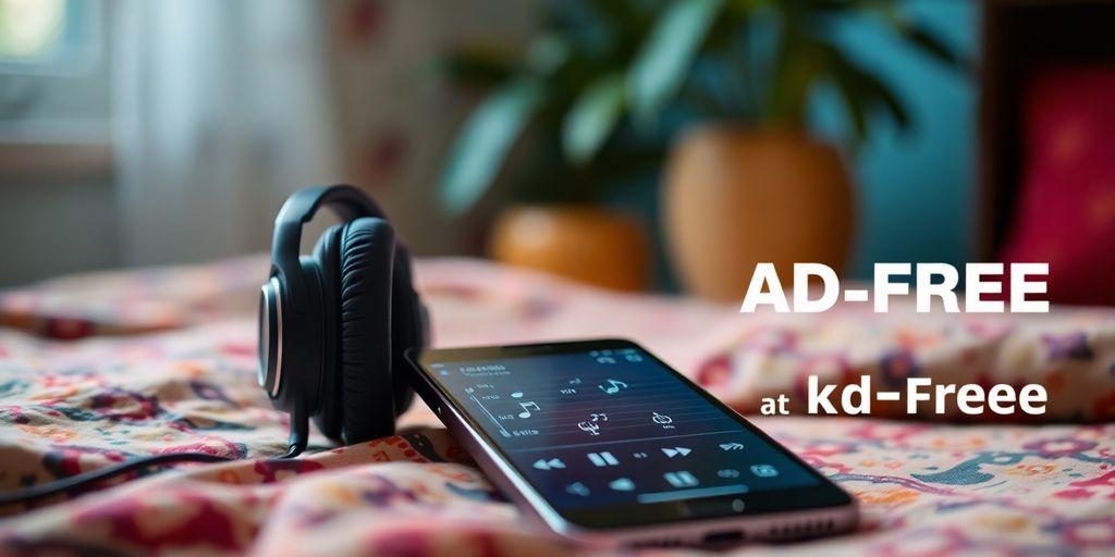 Headphones and smartphone in a cozy music setting.