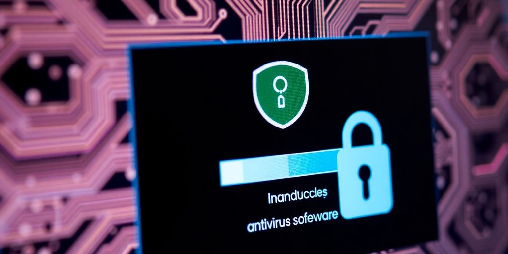 Computer screen showing antivirus software interface and lock.