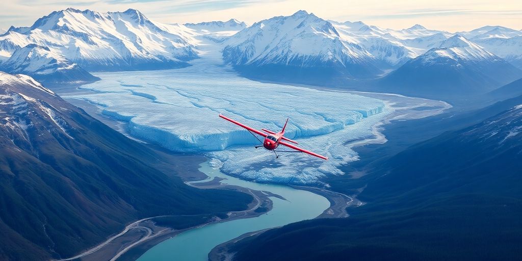A small plane flies over majestic Alaskan mountains and glaciers.