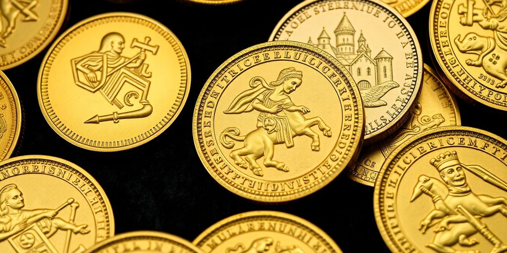 Pièces d'or médiévales avec gravures détaillées.