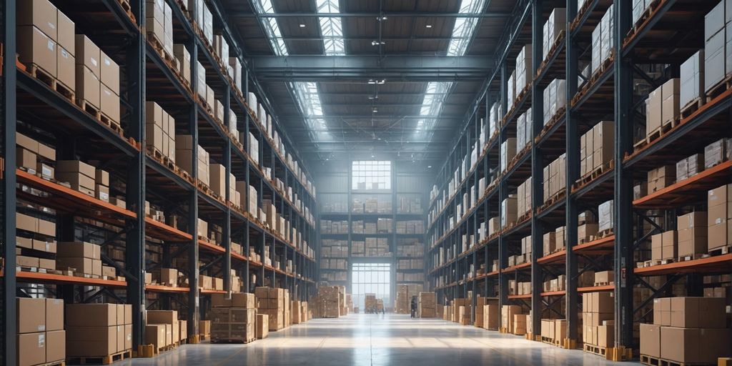 Modern warehouse with automated robotic systems and technology for efficient e-commerce storage solutions.