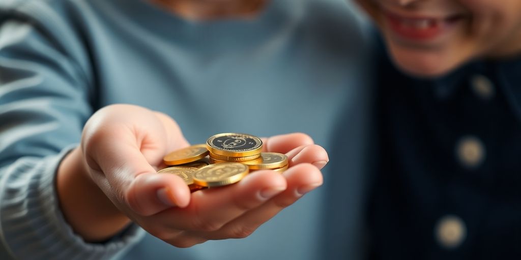 Des pièces d'or dans la main d'un enfant.