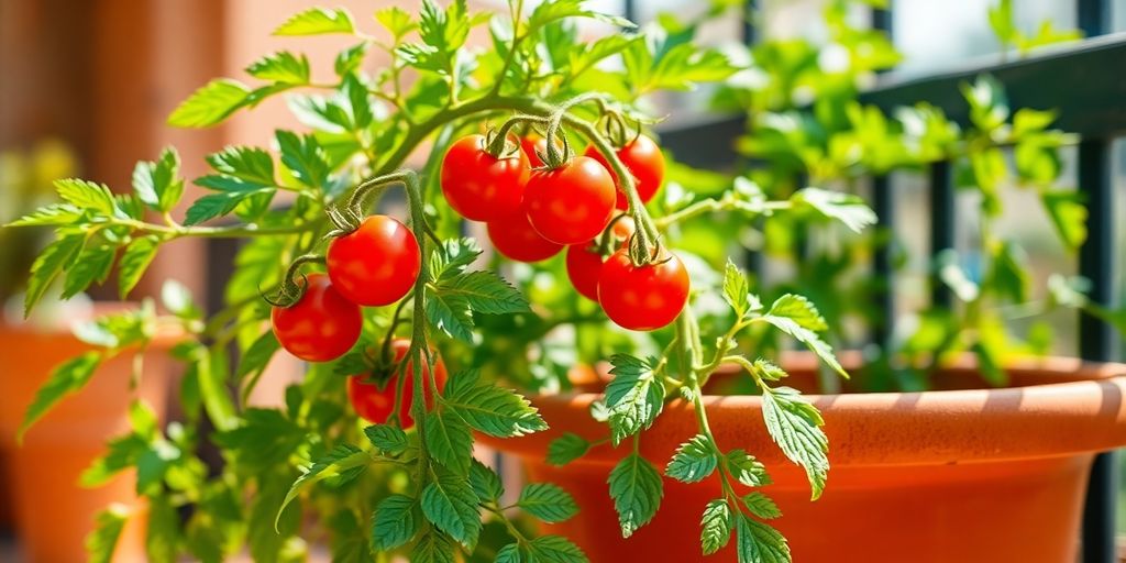 Gesunde Tomatenpflanze mit roten Früchten auf Balkon.