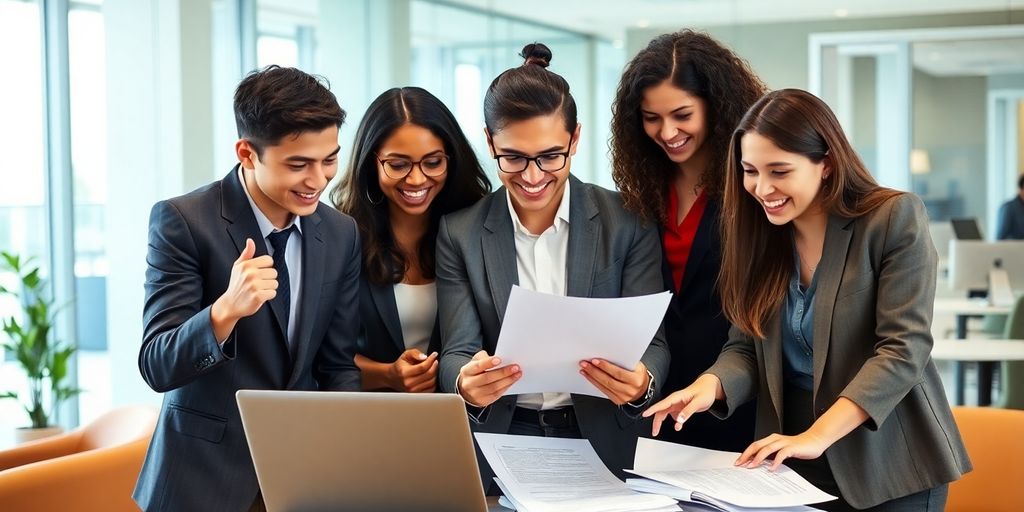 Diverse young professionals collaborating in a modern office.