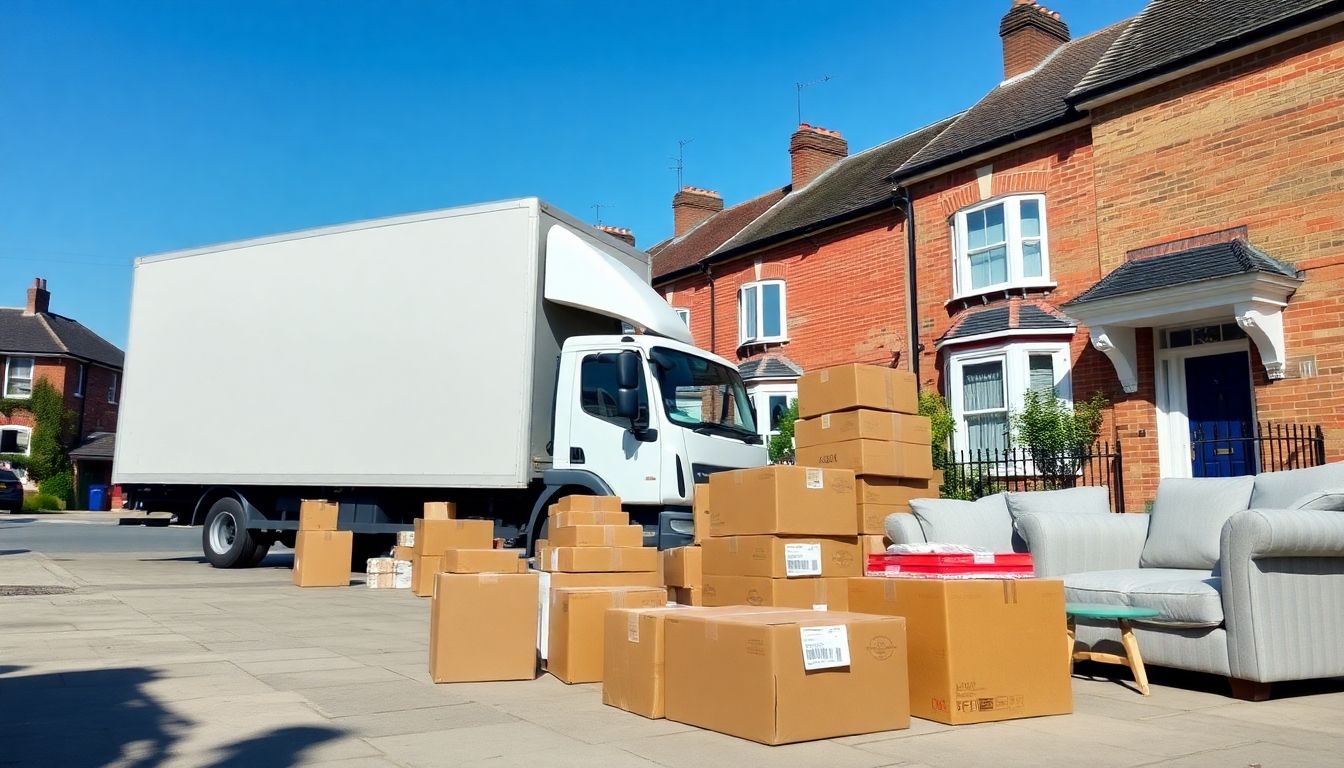 Moving truck with boxes outside a London home.