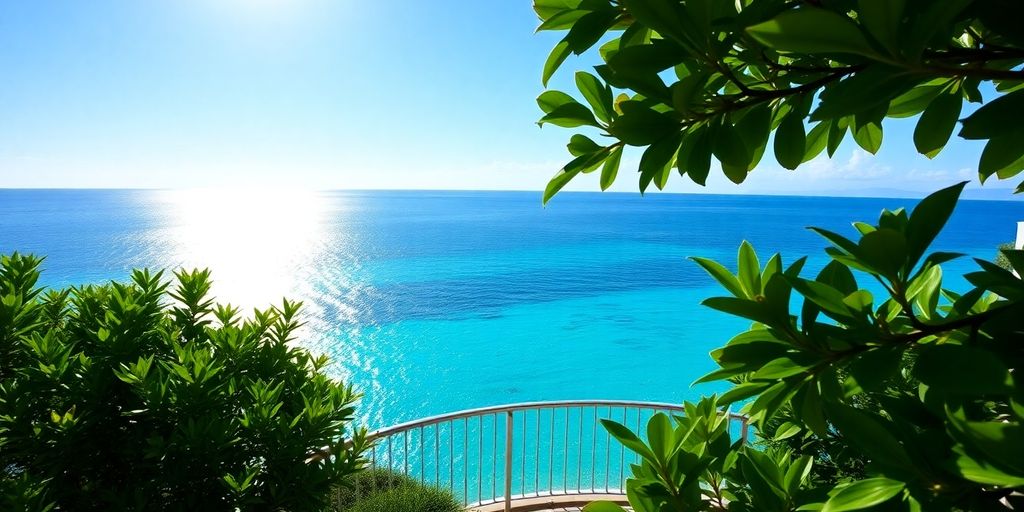 Sunlit villa balcony with ocean view.
