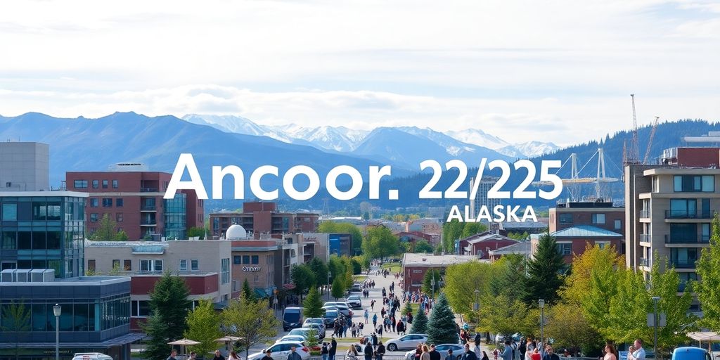 Anchorage cityscape with people and natural surroundings.