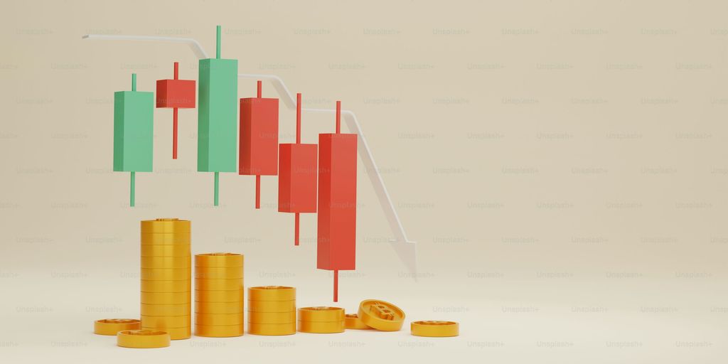 Financial chart with colorful candlesticks and golden coins displayed.