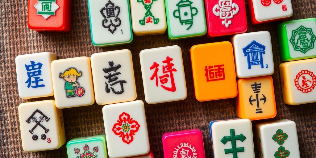 Colorful Mahjong tiles with intricate designs.