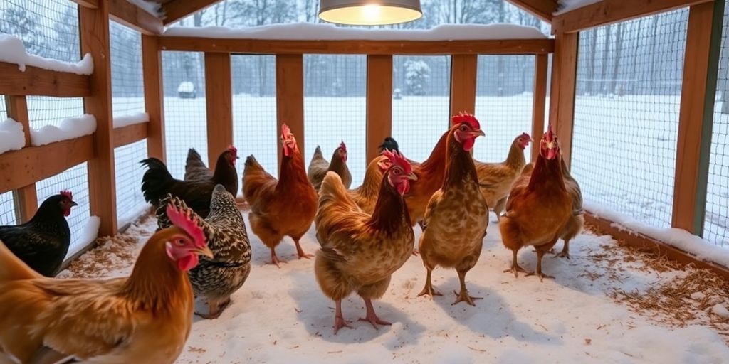 Chickens in a snowy coop with warm bedding and light.