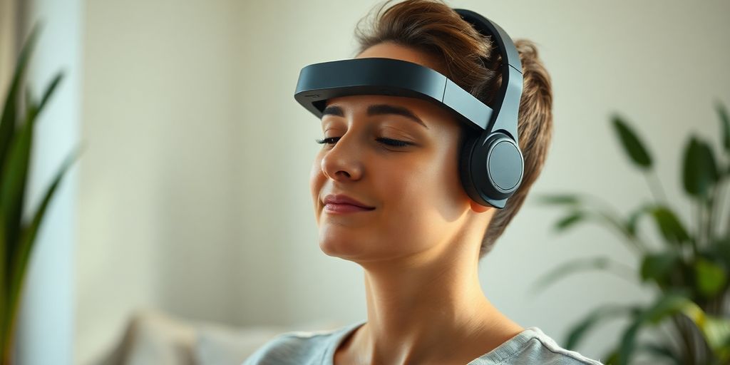 Person in a peaceful setting using neurofeedback headset.