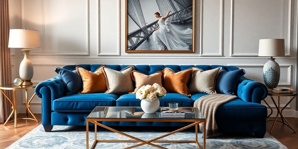 Luxurious blue velvet sofa in a stylish living room.