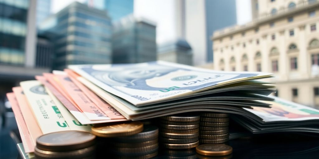Des billets de banque et des pièces sur une table.