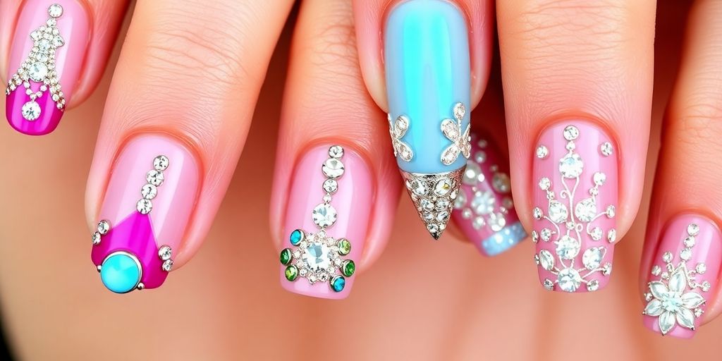 Unhas decoradas com pedrinhas brilhantes e estilosas.