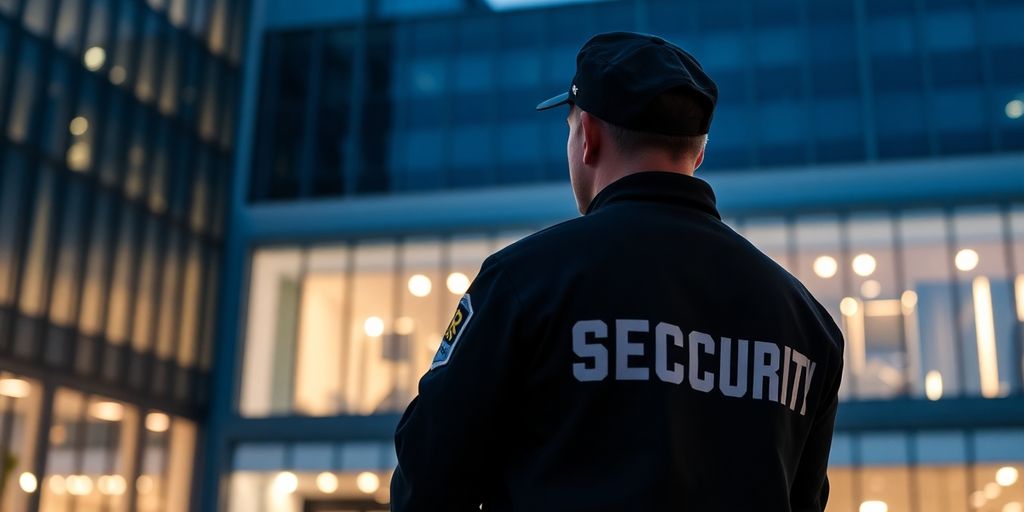 Un gardien professionnel surveillant un bâtiment sécurisé.