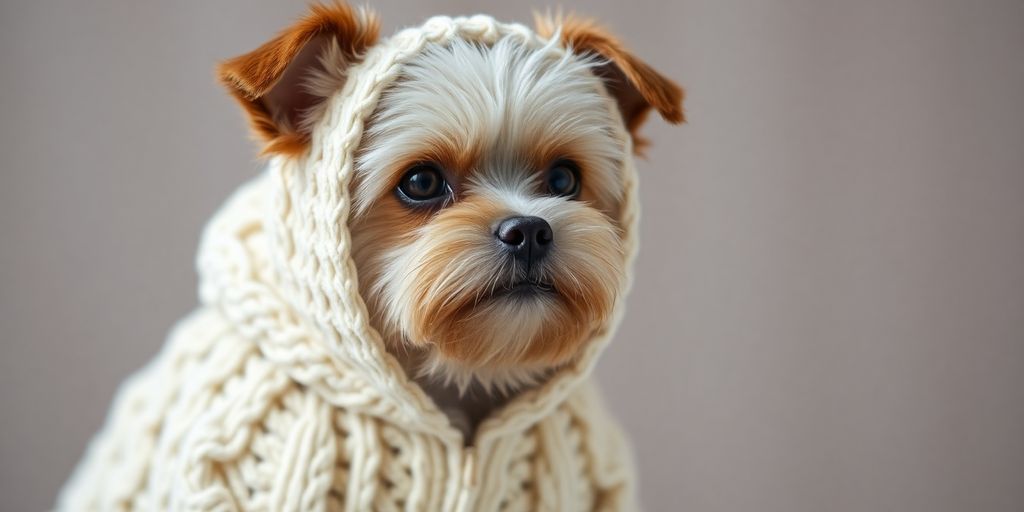 A fluffy dog wearing a chunky cable-knit hoodie.